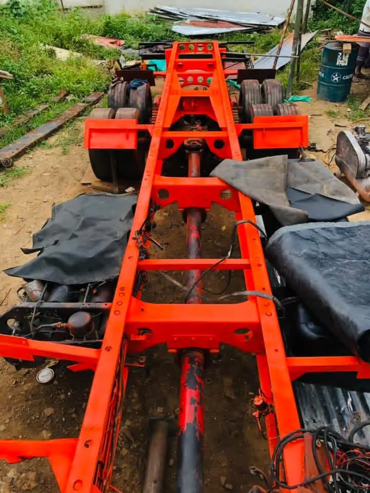 Full-length view of painted chassis frame
